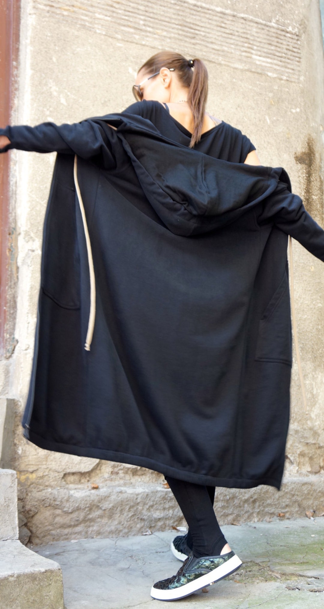 NEW Black Extravagant Maxi Hooded Cotton Top /extra Long YKK
