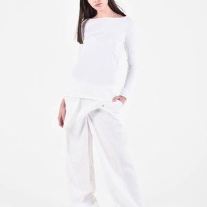 Loose Linen White Pants / Wide Leg Pants Autumn Extravagant Collection A05034