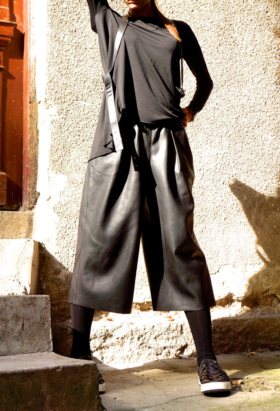 Vegan Leather Capri Pants: Black Wide Leg Cropped Trousers Side