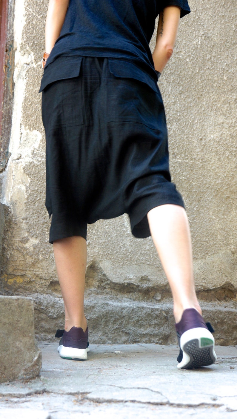 NEW SS16 Loose Casual Black Drop Crotch Linen Harem Pants Extravagant Black Pants with Large Pockets by AKASHA A05462