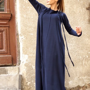 New Fall Maxi Dress / Navy Blue Kaftan Cotton Dress /side Pockets Dress ...