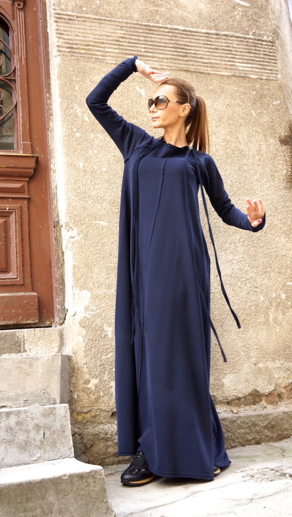 New Maxi Dress Navy Blue Kaftan Cotton Dress side Pockets Dress
