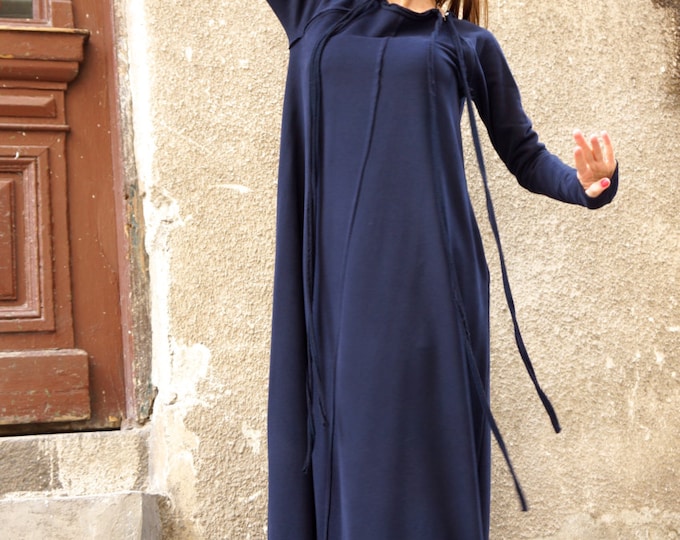 New Maxi Dress / Navy Blue  Kaftan Cotton  Dress /Side Pockets  Dress / Extravagant Cotton Party Dress /Daywear Dress A03377