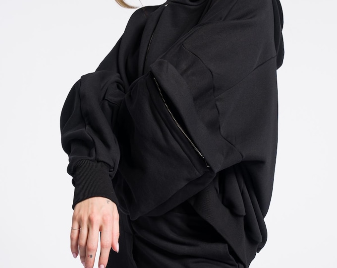 Long Zipper Fleece Hooded Sweatshirt / Maxi Hoodie with Thumb holes / Lined Extra Long Alternative Hoodie by Aakasha A07986
