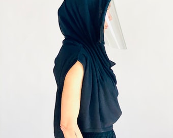 Oversized Cotton Knit Hood, Zipper Face Shield