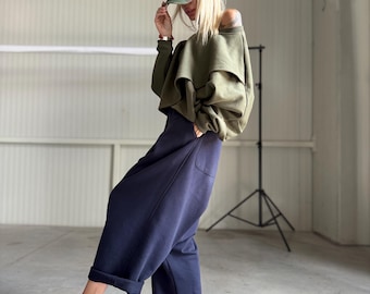 Drop Crotch Cotton Harem Pants, Asymmetrical Unisex Trousers with Pockets and Elastic Waistline