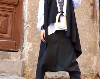 Black  Drop Crotch  Pants  Extravagant Black  Cold Wool Trousers with pockets  by AAKASHA A05188