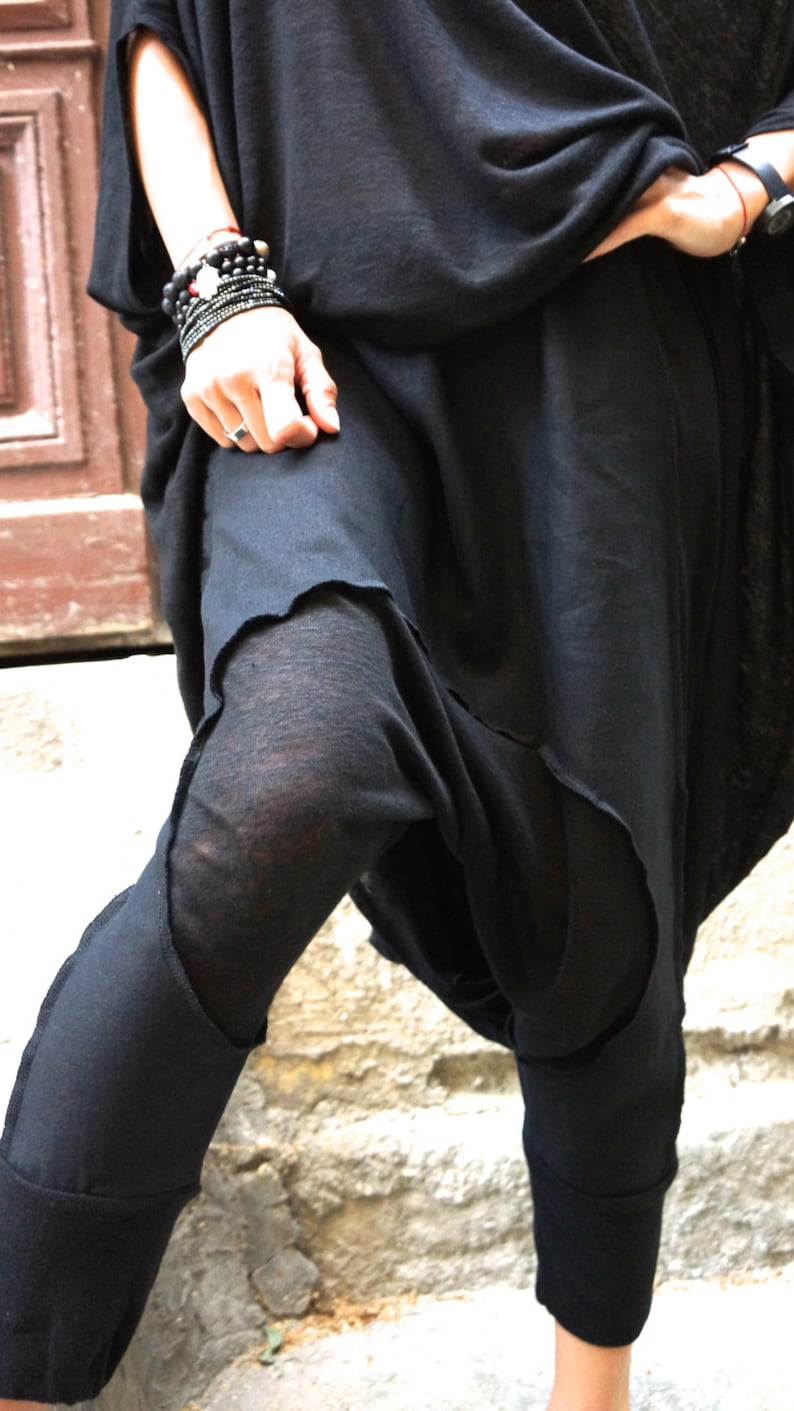 NEW  Loose Casual  Black Drop Crotch Linen Knit Harem Pants \/ Extravagant Black Pants by AAKASHA A05167