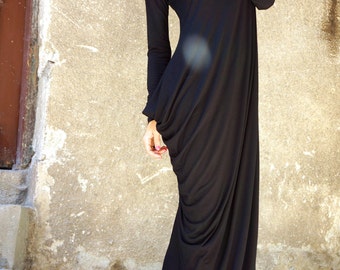 Black Viscose Maxi Dress, Asymmetric Long Sleeve Tunic