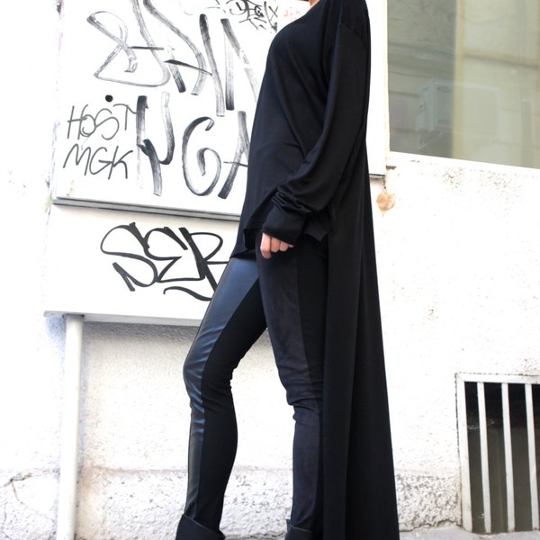Black Asymmetrical Top / Long  Blouse Extra Long Sleeves  / Asymmetric Tunic Top A02038
