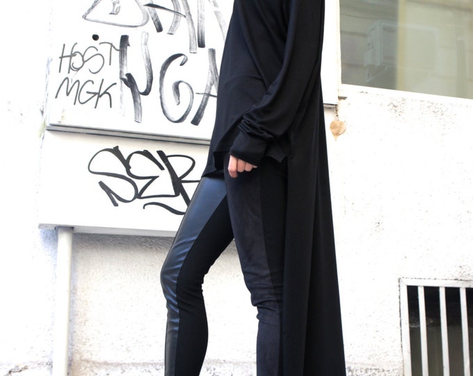 Black Asymmetrical Top / Long  Blouse Extra Long Sleeves  / Asymmetric Tunic Top A02038