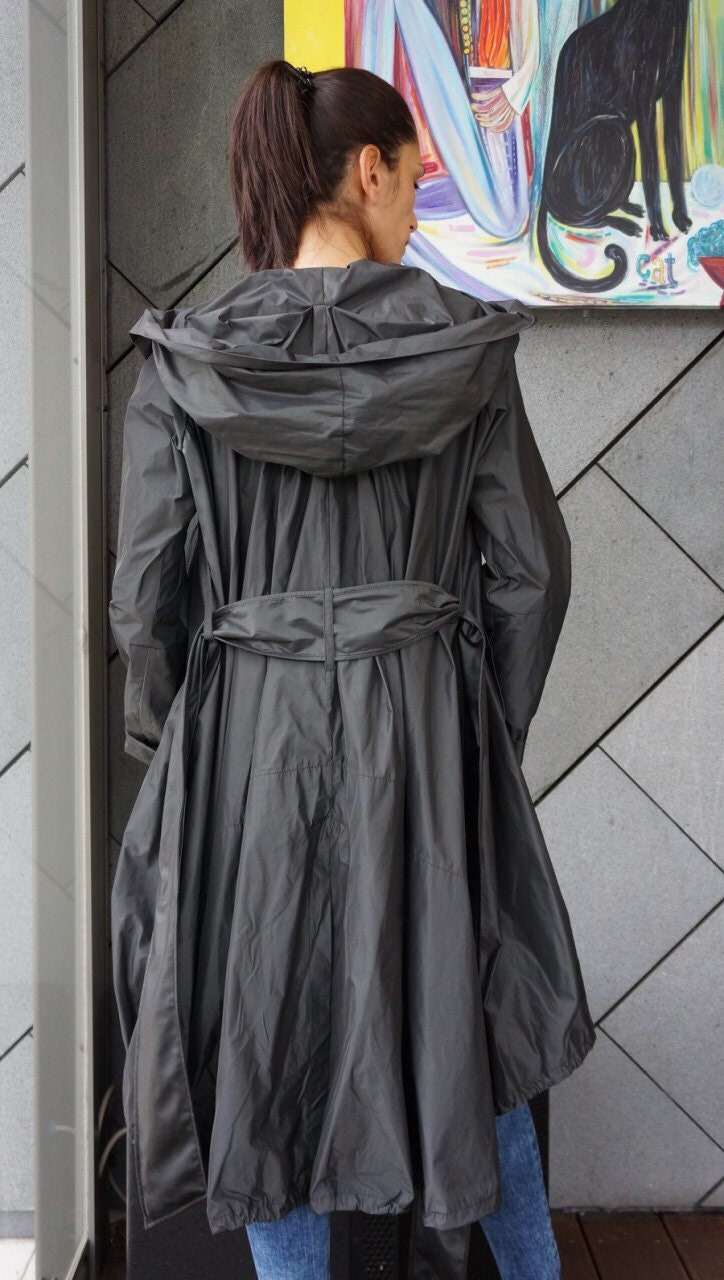 Black Zipper Hooded Raincoat / Spring Blazer / Extravagant Black Zipper Hooded Raincoat / Spring Blazer / Extravagant