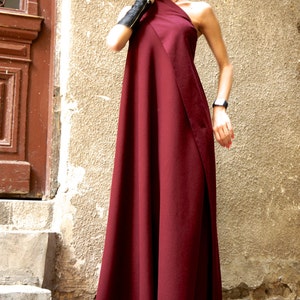 NEW Hot Burgundy Maxi Dress Kaftan Linen Dress / One Shoulder Dress / Extravagant Long  Dress / Party Dress  by AAKASHA A03144