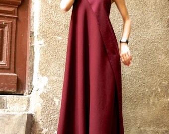 NEW Hot Burgundy Maxi Dress Kaftan Linen Dress / One Shoulder Dress / Extravagant Long  Dress / Party Dress  by AAKASHA A03144