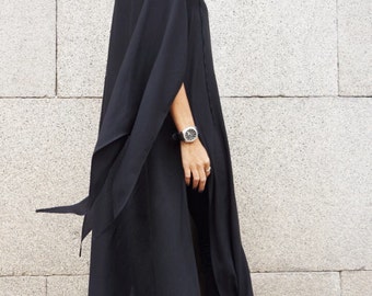 Maxi V Neck Dress / Black Kaftan/ Assymetryc Long  Sleeves /Deep side slits / Extravagant Long Dress / Party Dress /Daywear Dress A03525