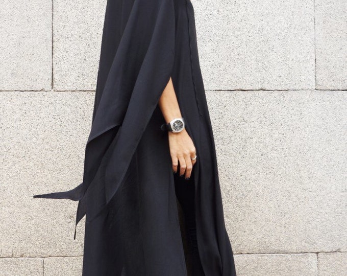 New Maxi V Neck Dress / Black Kaftan/ Assymetryc Long  Sleeves /Deep side slits / Extravagant Long Dress / Party Dress /Daywear Dress A03525