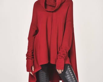 Plus Size  Asymmetrical Top / Cotton Warm  Top  extra high collar pullover with  thumb holes Handmade  by Aakasha A08624