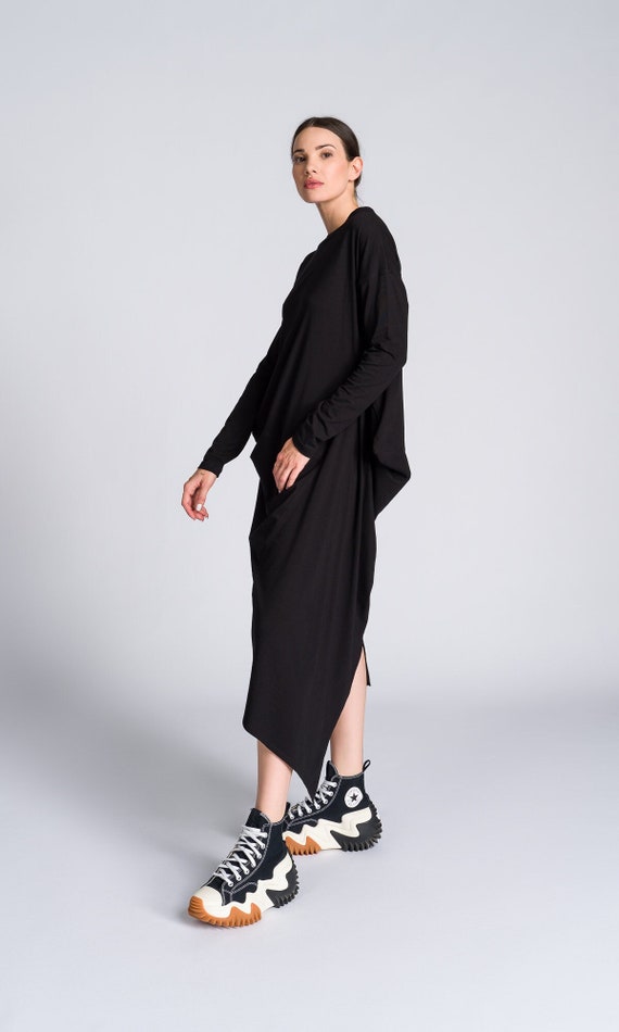 Draped Midi Dress with Asymmetric Hem, XS / Black / Single-Knit Jersey - 100% Cotton