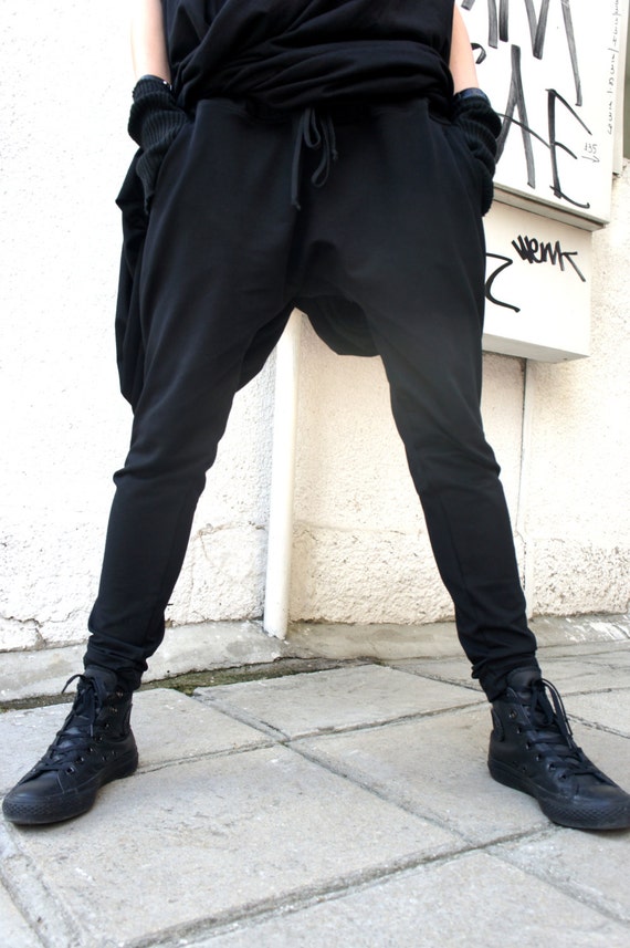 Loose Casual Black Drop Crotch Harem Pants / Extravagant Black