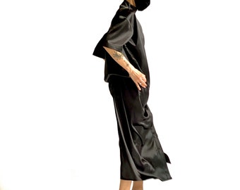 Black Satin Maxi Shirt Dress, Asymmetric Loose Fit Midi Sleeves