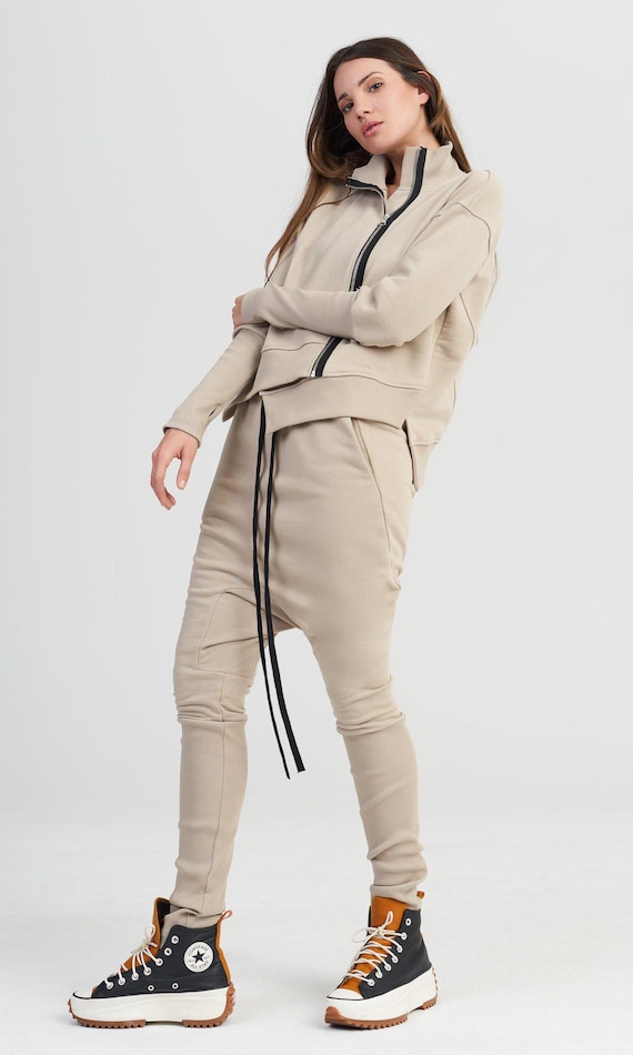 Asymmetric Zipper Cotton Sweatshirt, Thumb Hole Sleeves A92214