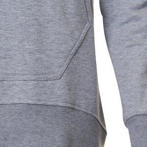 May include: A gray long-sleeved sweatshirt with a kangaroo pocket and a ribbed hem.