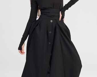 Linen Maxi Dress with Belt, Bohemian Style Side  Pockets, Thumb Holes