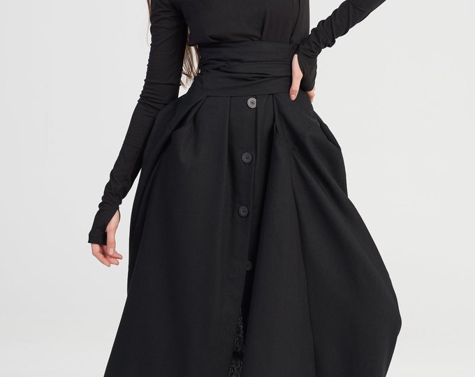 Linen Maxi Dress with Belt, Bohemian Style Side  Pockets, Thumb Holes