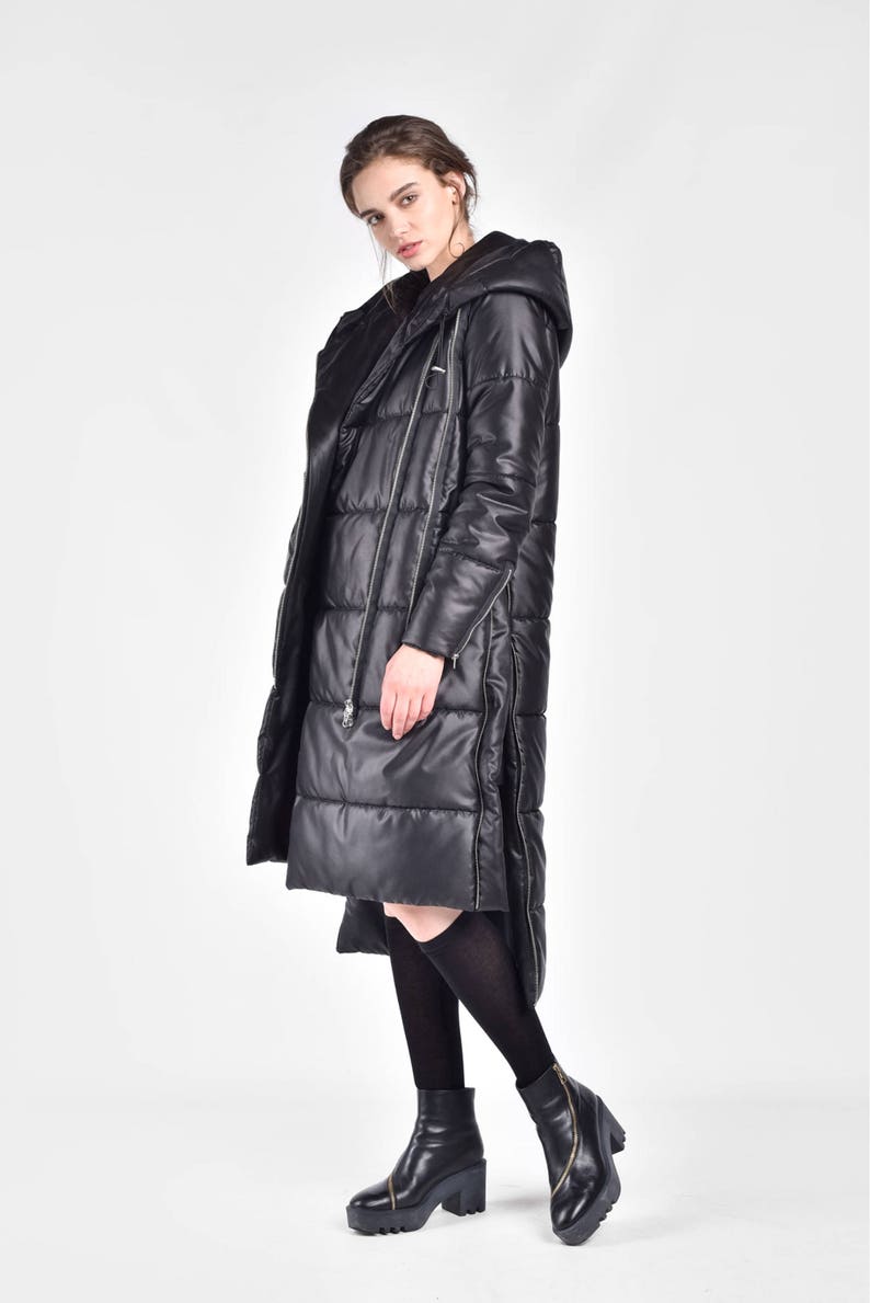 NEW Winter Coat Asymmetric Black Quilted Hooded Coat by Aakasha A20629 image 5