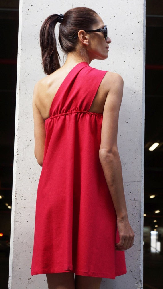 one shoulder red dress short