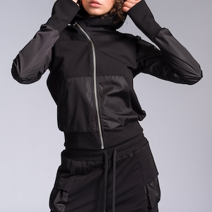 Plus Size Asymmetric Zipper Hoodie, Mixed Fabric, Thumb Holes Side Pockets