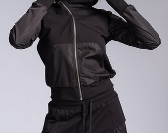 Plus Size Asymmetric Zipper Hoodie, Mixed Fabric, Thumb Holes Side Pockets