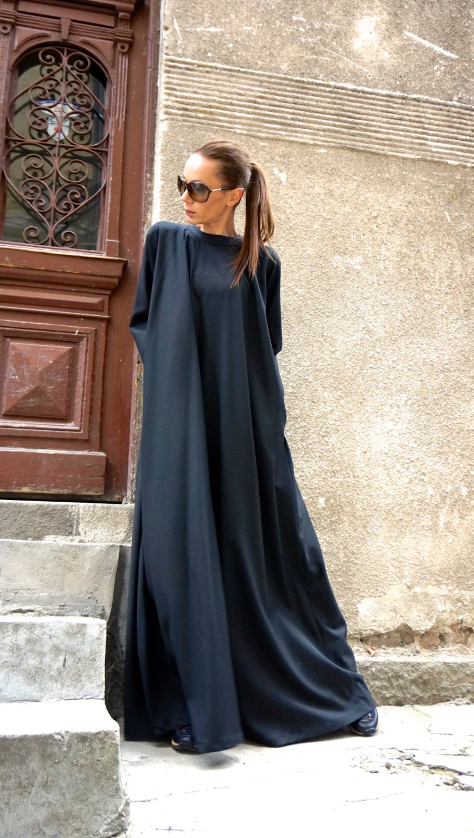 New Maxi Dress / Black Kaftan/ Long Sleeves / Side Pockets / | Etsy
