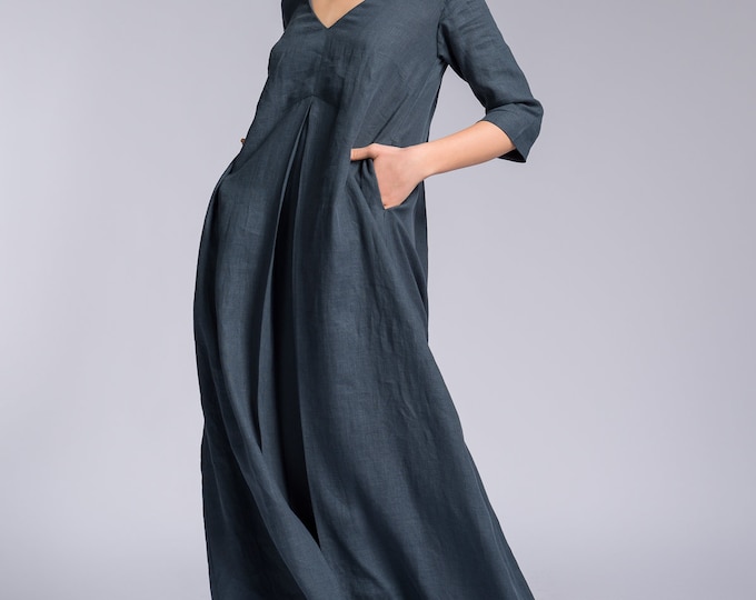 Linen Summer Dress, Mid-sleeved Maxi Dress with Inverted Pleat , Bohemian Linen Dress , Summer Party Dress A92135
