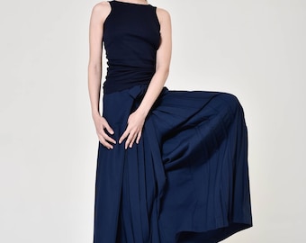 Navy Wide Leg Palazzo Pants - Solei Front Skirt Pants with Elastic waistline  A05760