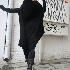Oversize Black Loose Casual Top / Asymmetric Raglan Long Sleeves Tunic  / Maxi Blouse A02044