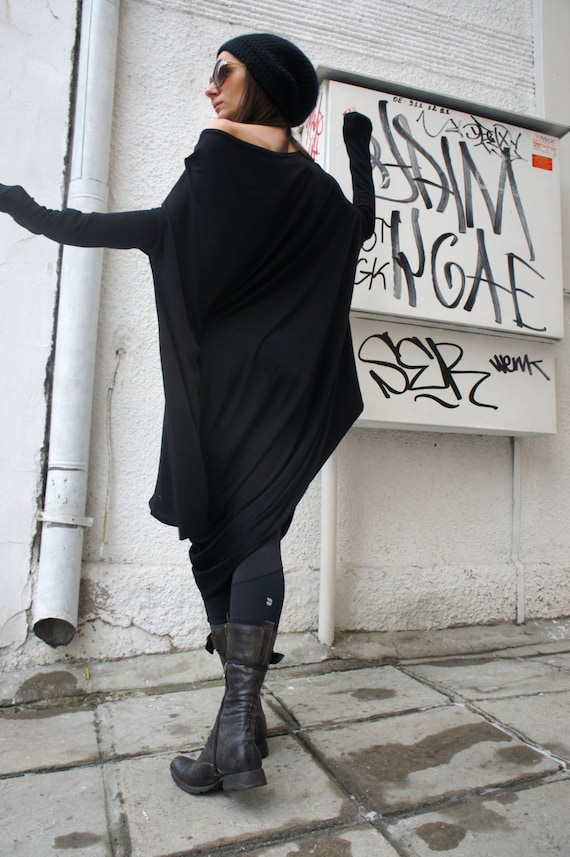 Oversize Black Loose Casual Top / Asymmetric Raglan Long Sleeves Tunic  / Maxi Blouse A02044