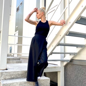 NEW Loose Black Pants /Wide Leg Pants Extravagant Collection /Asymmetrical crop pants with side pockets and high waistline by Aakasha A05954