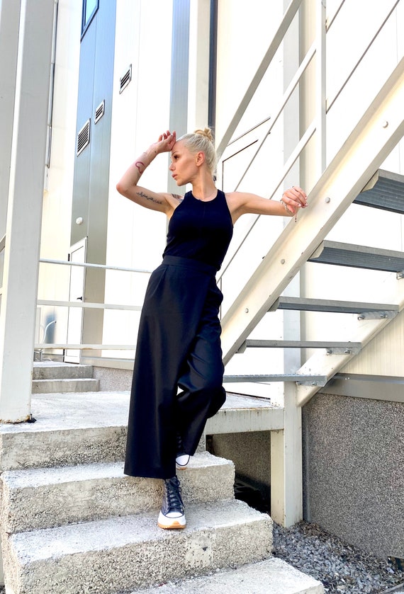 Black Wide Leg Pants: Asymmetrical Crop, High Waist, Wool Blend Side Pockets
