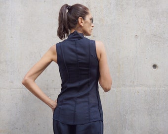 Navy Linen Sleeveless Vest - Buttoned Sleeveless Top