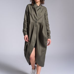 Linen Maxi Dress , OEKO-TEX Certified Linen Summer Maxi Runic , Elegant Draped front Linen Shirt A90488