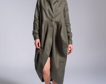 Linen Maxi Dress , OEKO-TEX Certified Linen Summer Maxi Runic , Elegant Draped front Linen Shirt A90488