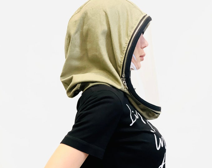 Linen Zipped Hooded Shield, Full Face Covering With polycarbonate Shiled ,Face protective Shield ,Linen Hood Anti-fog Spray  hood by Aakasha