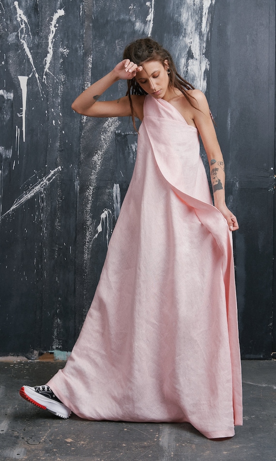 one shoulder linen maxi dress Linen One Shoulder Maxi Dress S