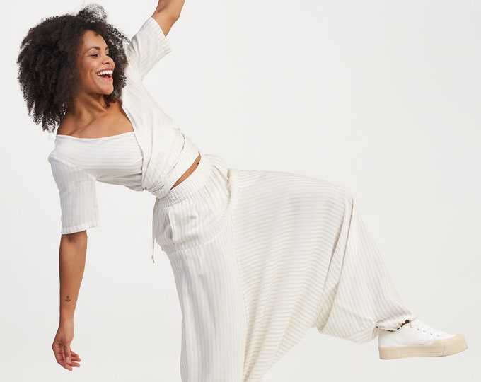 Deep Drop Crotch Stripes Linen Satin Loose Pants, Oversized Pants with Pockets Handmade by Aakasha A90717