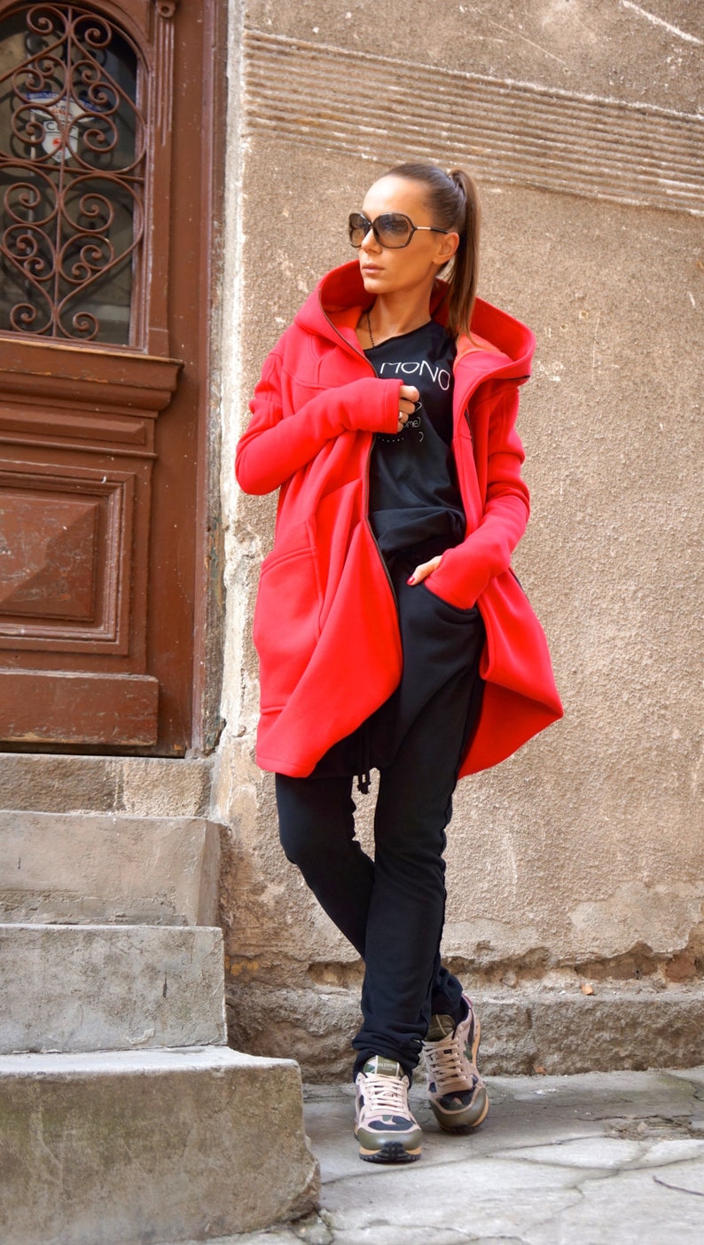 NEW Lined Warm Asymmetric Extravagant Watermelon Hooded Coat / Quilted Lined Cotton Jacket / Thumb Holes / Outside and Inside pockets A07177 image 1