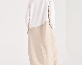 Two-Toned Linen Maxi Dress, Long Sleeve Bohemian Baggy Dress Side Big Pockets