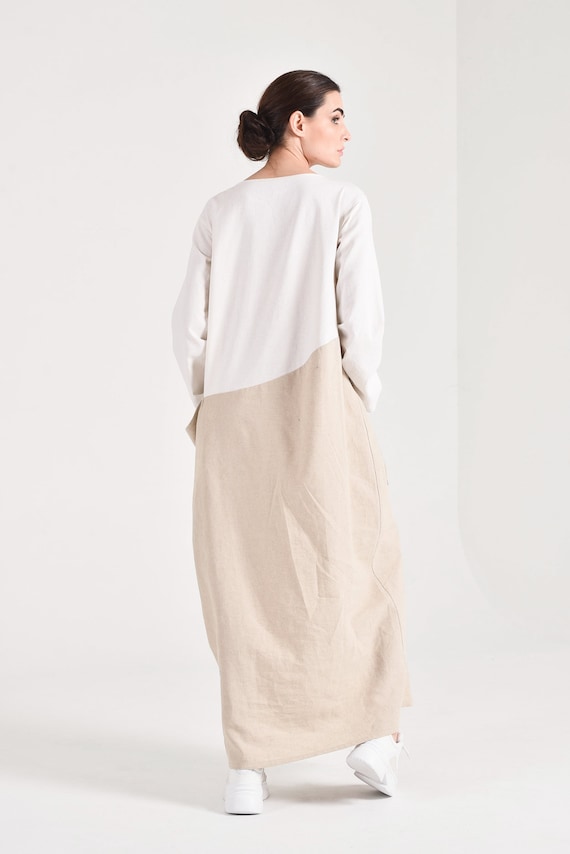 Two-Toned Linen Maxi Dress, Long Sleeve Bohemian Baggy Dress Side Big Pockets