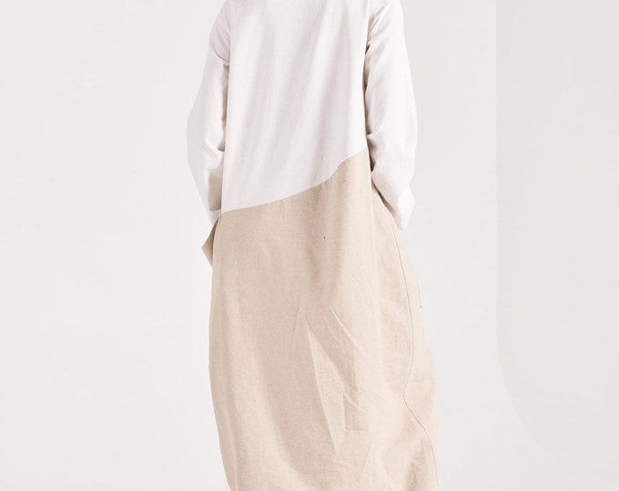 Long Sleeve Maxi Linen Baggy Dress with pocket and Relaxed Fit Two Toned Dress Bohemian Dress handmade by Aakasha A90450