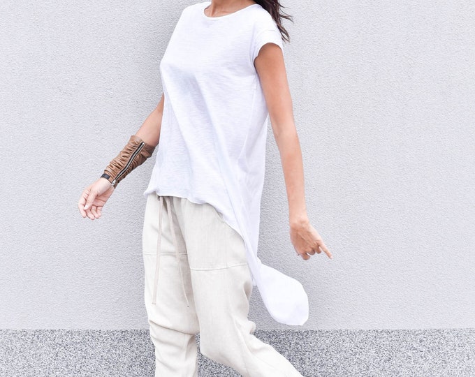 Elegant linen pants with  drop crotch A90354